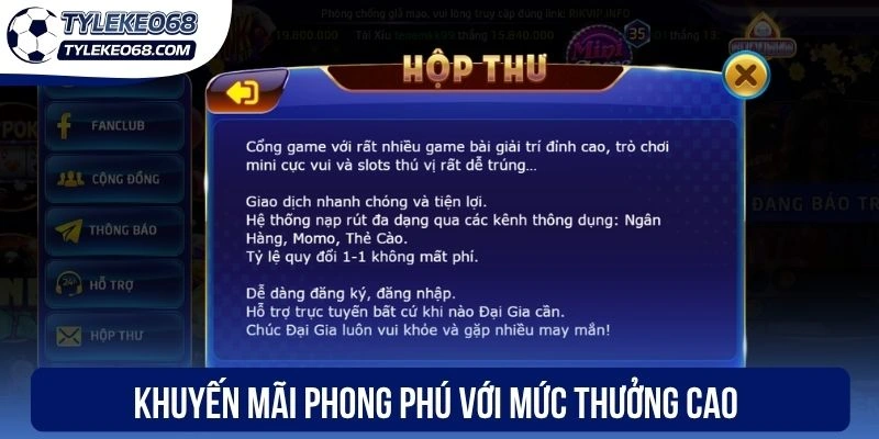 Khuyến mãi phong phú với mức thưởng cao